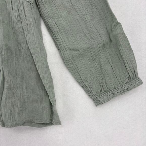 J. Jill Blouse Size S Green Boho Crinkle Texture Oversized Crochet Lace Trim - Picture 5 of 11